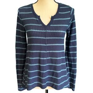 Arizona Jeans Navy Blue Stripe Waffle Knit Long Sleeve Henley Woomen's Small